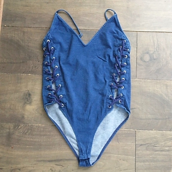 VTG Y2K JEAN COLOR BOHO MUSICFEST COTTON CRISS CROSS SIDES  BODYSUIT WOMANS M - Picture 1 of 5